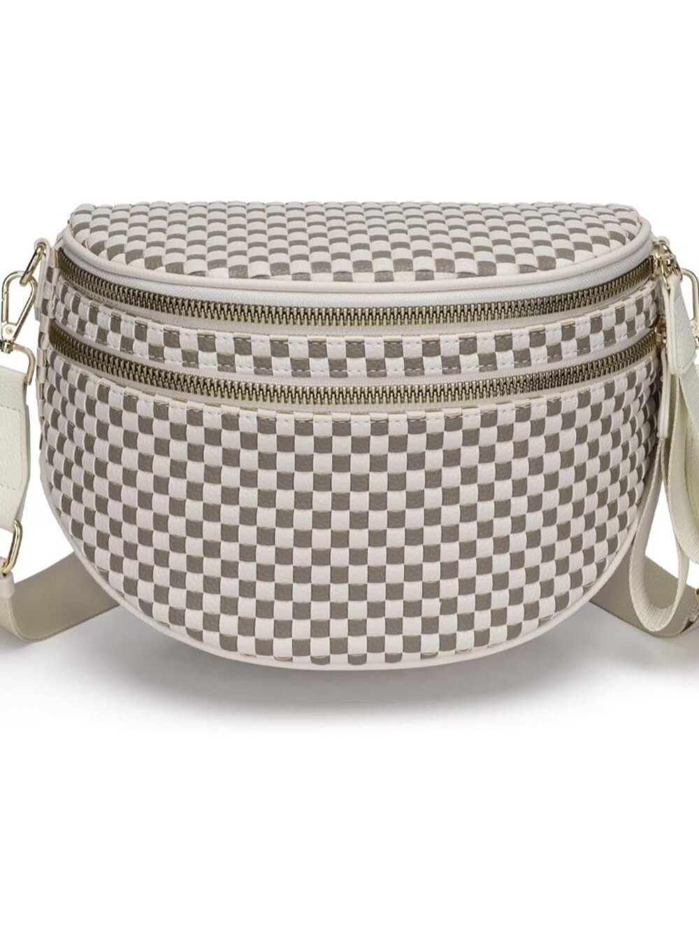 Fashion Checkered Woven Crossbody Bum Bag for Women Vegan Leather Double Zip Sli